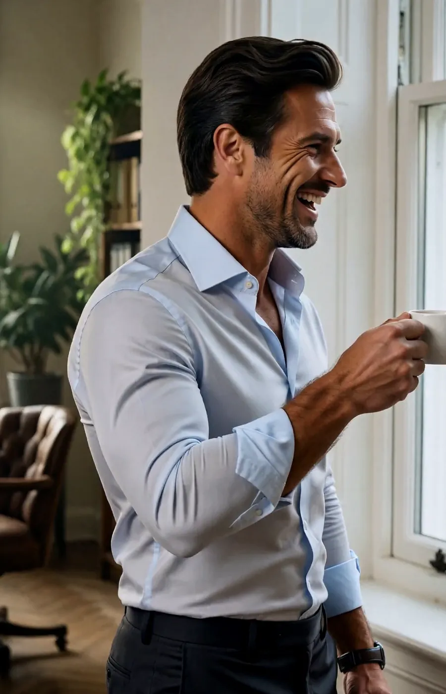 A dark-haired man in a pale blue shirt laughs, holding a coffee cup by an office window.