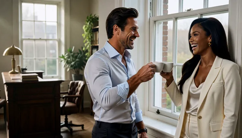A man in a blue shirt and a woman in an ivory jacket laugh over coffee by an office window.