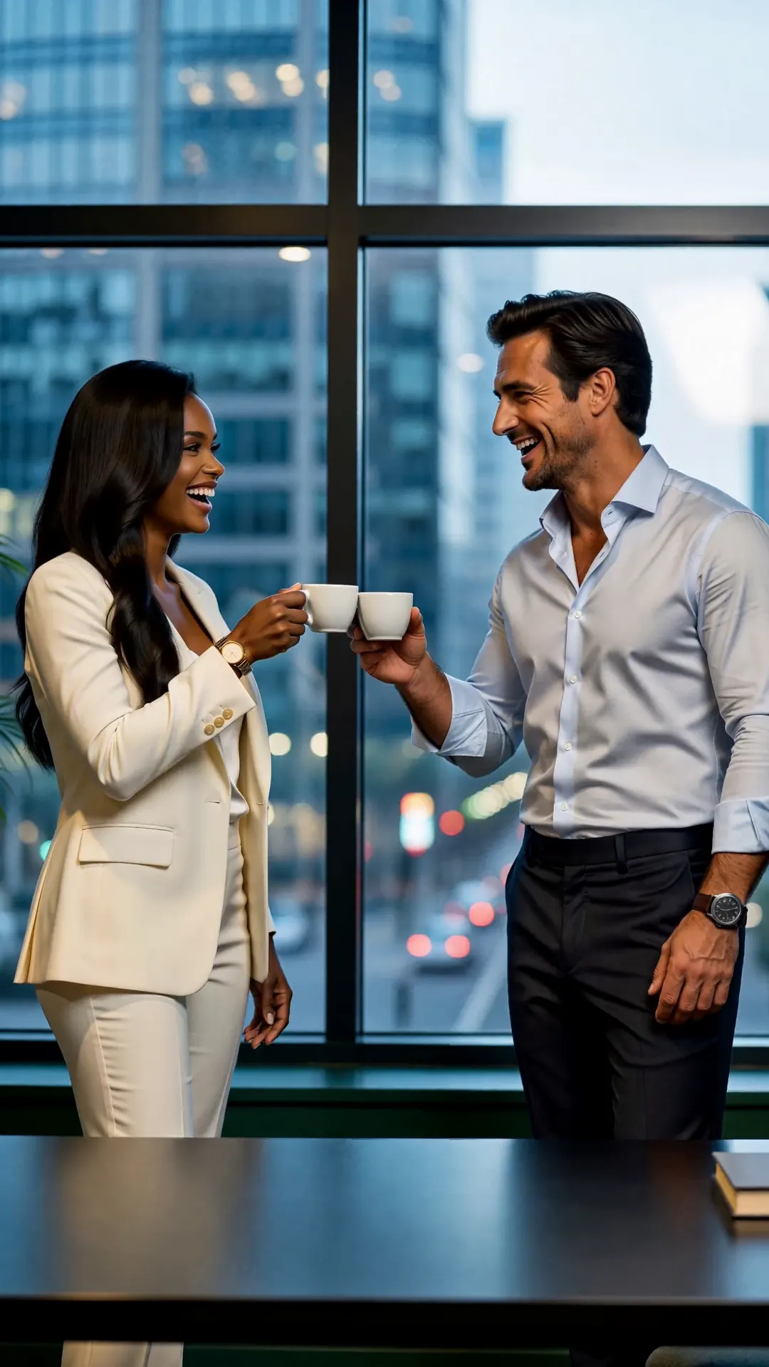 A man in a blue shirt and a woman in an ivory jacket share a coffee by an office window.