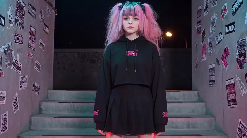 A girl with pink pigtails in a black cropped hoodie and pleated skirt stands at the top of a stairwell covered in stickers.