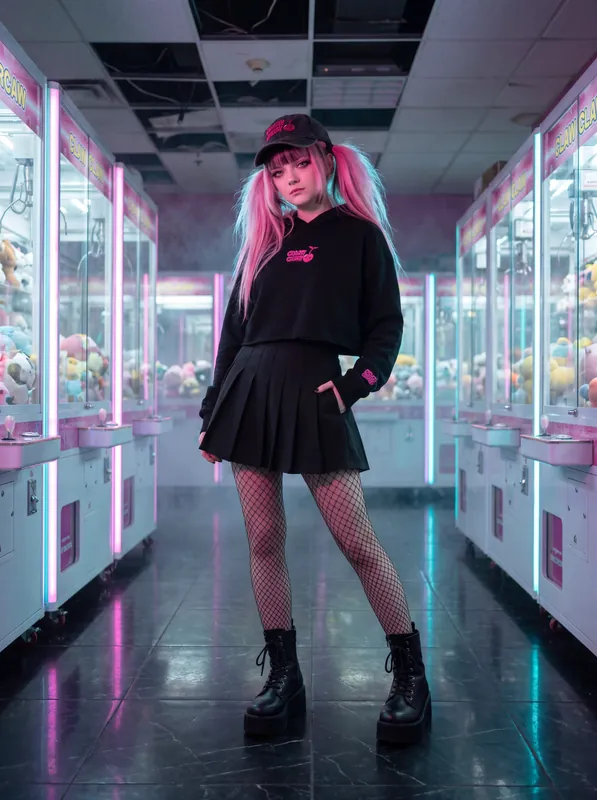 A girl with pink pigtails in a cap, cropped hoodie and pleated skirt stands in an aisle of claw machines.