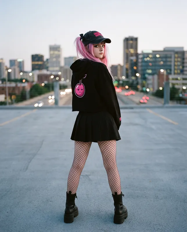 A girl in a black hoodie and pleated skirt stands on a rooftop looking out at a city at dusk, seen from behind.