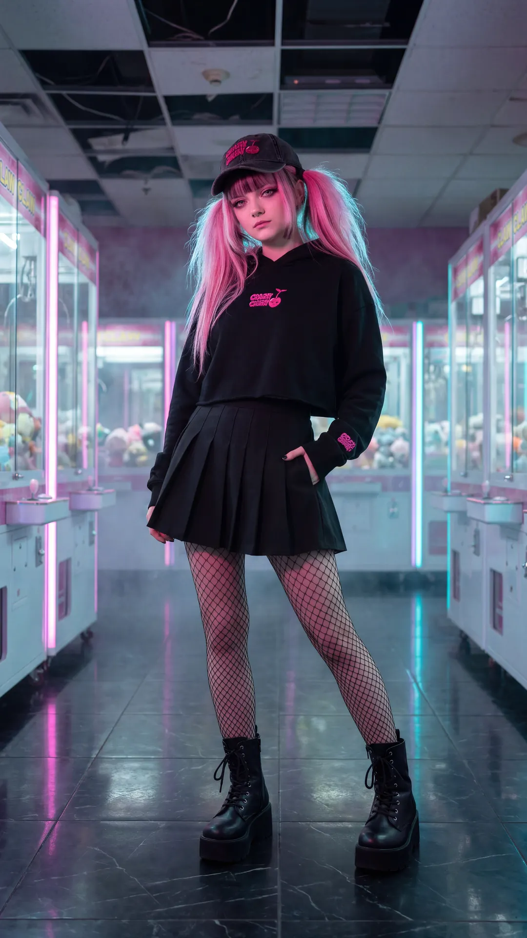 A girl with pink pigtails in a cap and a black cropped hoodie stands in an aisle of claw machines.
