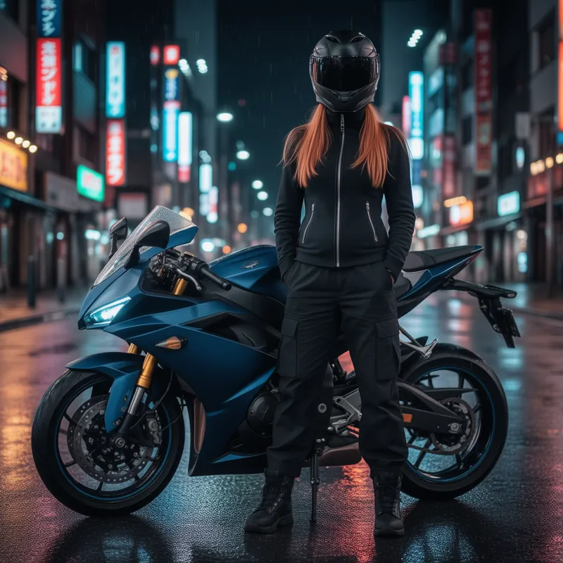 A red-haired woman in black leathers stands in front of a blue sports bike on a wet city street at night, neon signs behind her.