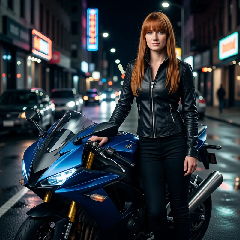 A red-haired woman in a black leather jacket stands beside a blue sports bike on a wet street lit by shop signs.