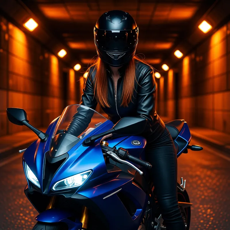A helmeted rider with red hair sits on a blue sports bike in an orange-lit road tunnel.
