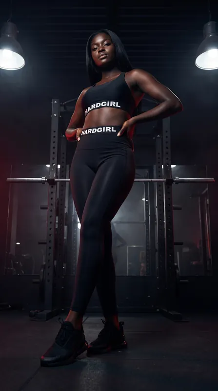 A woman with long dark hair in a black sports bra and leggings stands with a hand on her hip in a dark gym.