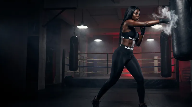 A woman in black training kit drives a punch into a heavy bag, chalk bursting from the glove.
