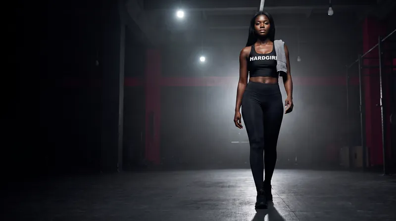 A woman in black training kit walks towards the camera through a dark gym, a single lamp behind her.