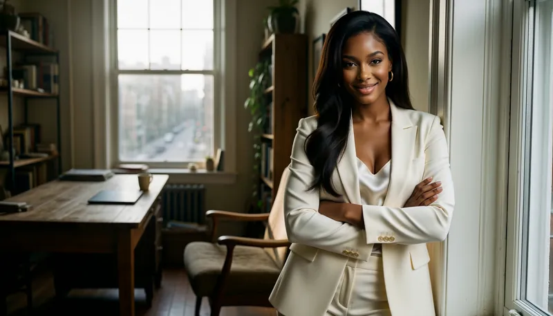 A woman in an ivory trouser suit stands with her arms folded beside a desk in a book-lined office.