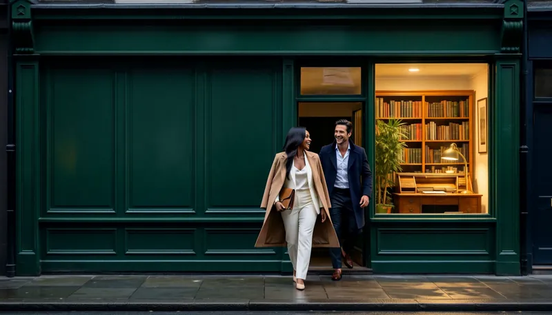 A woman in a camel coat and a man in a navy suit walk out of a green-fronted office at dusk.