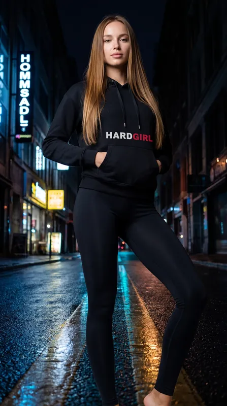 A woman with long light-brown hair in a black hoodie stands in a wet alley at night under a neon sign.